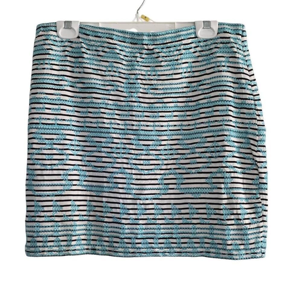 THML Women's Size Large White Black Teal Cross Stitch Mini Skirt